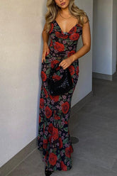 Meridress Adjustable Strap Backless Rose Print Maxi Dress